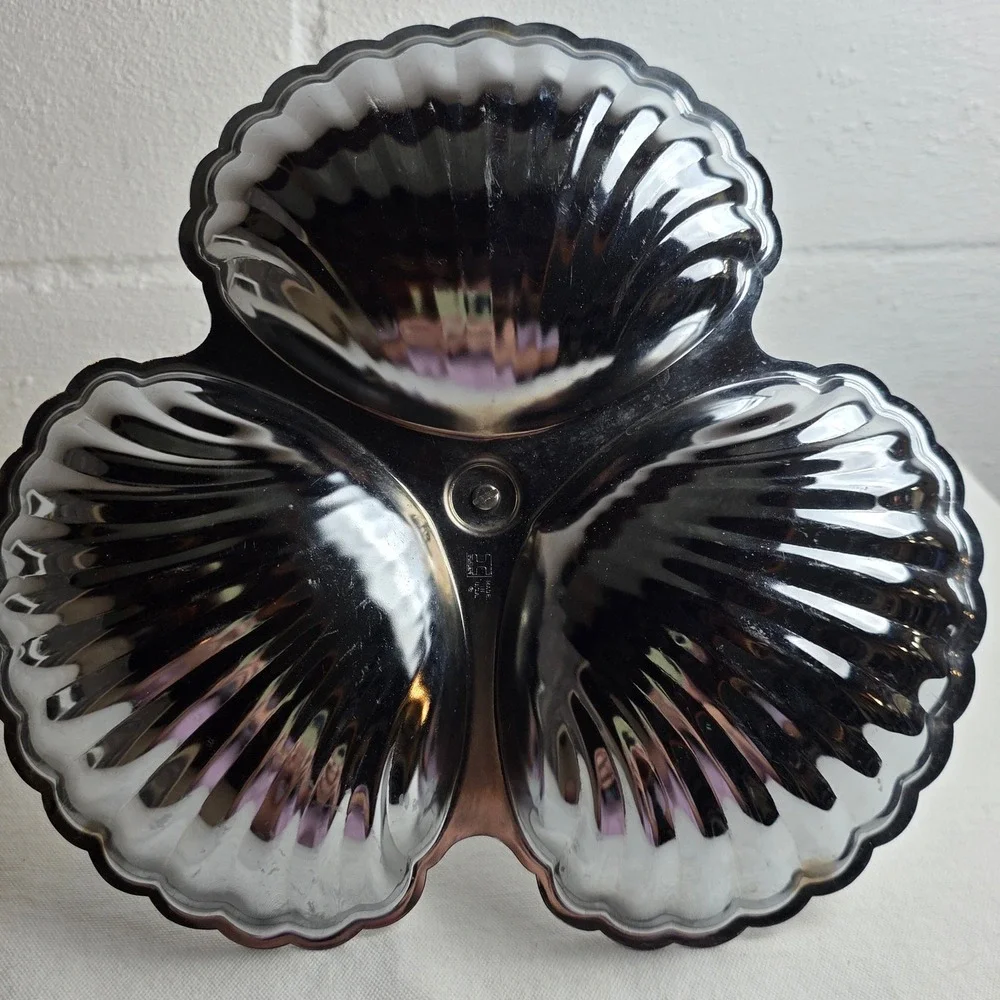 Vintage Irvinware Chrome 3 Section Shell Server Tidbit Tray Made in USA